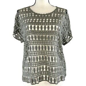 Chicos Chrochet Top Open Weave Short Sleeve Knit Olive Green Pull Over Size 0 S